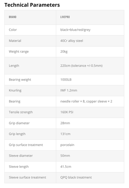 LIVEPRO Barra Olímpica Cerakote / Cerakote Olympic Bar, 86"/2184.4mm,1000LB - Wellness Pro Fitness Equipment