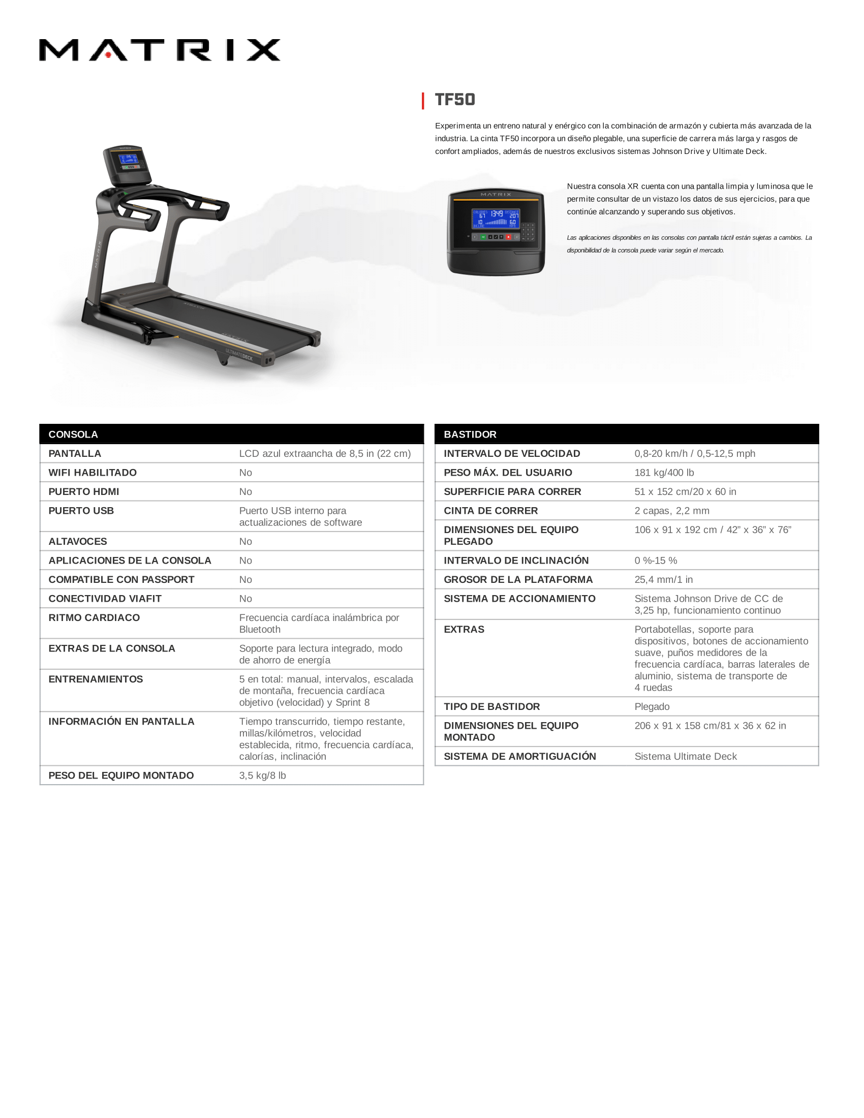 MATRIX TF50 Caminadora Plegadiza LED