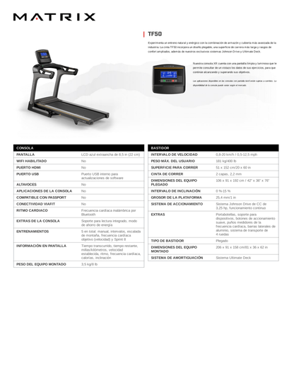 MATRIX TF50 Caminadora Plegadiza LED